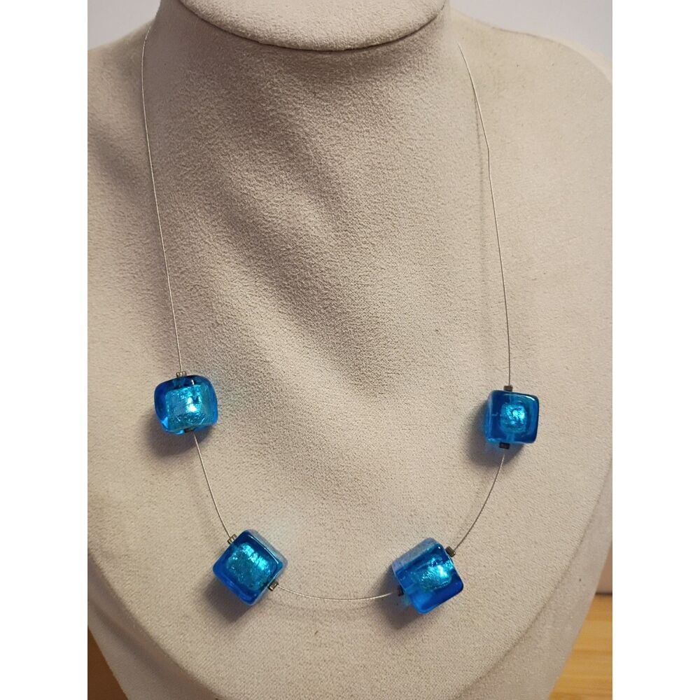 Turquoise Fused Glass Necklace with Ocean Blue Squares of Silver Foil Lined Bead